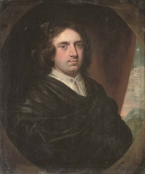Portrait Of Sir Humphrey Fynch In A Dark Green Robe And White Shirt, A Curtain And Landscape Beyond - view 1