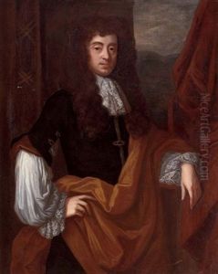 Portrait Of A Gentleman In A Black Coat And White Shirt And Ruff, With A Brown Wrap, By A Red Curtain, A Land by John Riley