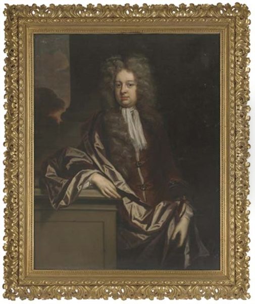 Portrait Of A Gentleman, Three-quarter-length, In A Brown Coat And Wrap, His Right Arm Resting On A Plinth, A Landscape Beyond - view 1