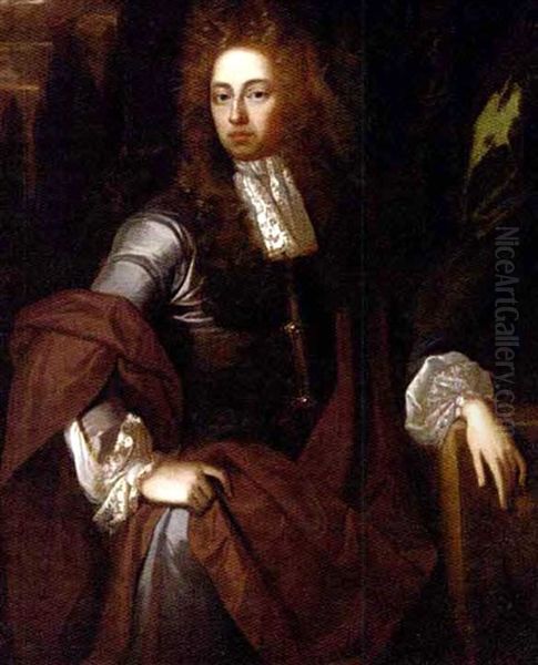 Portrait Of A Gentleman In A Blue Coat And Red Wrap, His Left Hand Resting On A Ledge, A Landscape Beyond - view 1