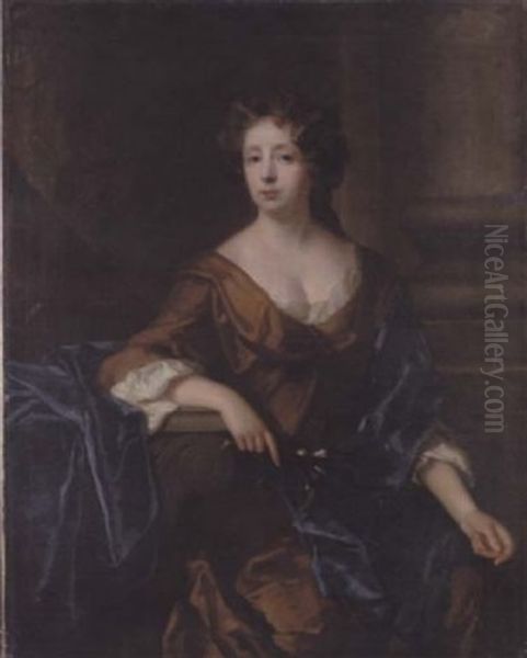 Portrait Of A Lady (lady Fanshawe?) In A Brown Dress With A Blue Shawl, Holding A Posy, Before A Column - view 1