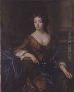 Portrait Of A Lady (lady Fanshawe?) In A Brown Dress With A Blue Shawl, Holding A Posy, Before A Column