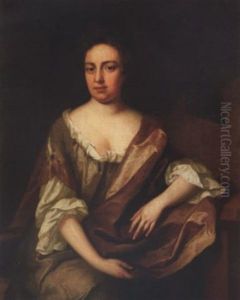 Portrait Of A Gentleman, Sir John Berry (?) In A Dark Green Coat With A Brown Wrap And A White Lace Stock, A Ship In The Distance by John Riley
