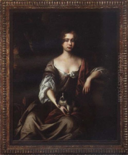 Portrait Of A Lady In Mauve Dress And Crimson Cloak, Seated In A Landscape, A King Charles Spaniel In Her Lap - view 1