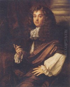 Portrait Of A Gentleman (william, Second Viscount Brouncker?) In A White Shirt With Brown Robes, Pointing To An Astrolabe