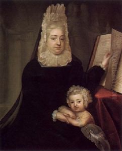 Portrait Of Rachel, Lady Russell And Her Son Wriothesley Wearing A Black Dress And White Headdress, Her Laft Hand Turning A Page Of The Book Of Proverbs by John Riley
