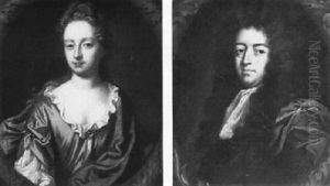 Portrait Of Lord Holt, Small Bust Length In A Blue Wrap And A Lace Jabot; And Portrait Of Lady Holt, Small Bust Length.. by John Riley