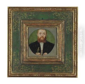 Portrait Of A Gentleman, Bust-length, In A Black Doublet And Gold Chain, With A Ring-necked Parakeet Resting On His Hand, In A Painted Circle by Ludger Tom Ring the Elder