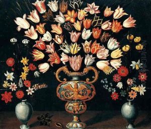 Still Life Of Tulips In A Sculpted, Parcel Gilt Urn, Together With Vases Of Various Flowers, Arranged Upn A Wooden Ledge by Ludger Tom Ring the Elder