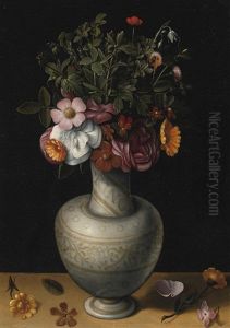 Ring Still Life With Wild Roses, Peonies And Other Flowers In A White Earthenware Vase