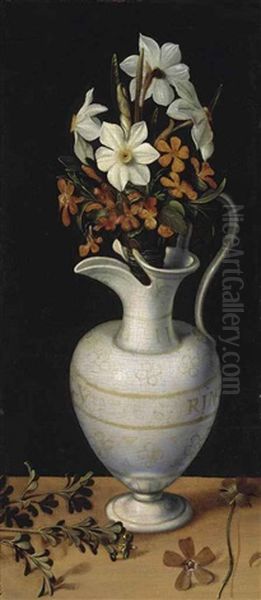 Narcissi, Calamine Violets And Periwinkle In A Facon-de-venise Ewer, On A Ledge With A Sprig Of Rue - view 1