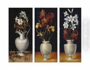 Narcissi, Calamine Violets And Periwinkle In A Ewer, On A Ledge With A Sprig Of Rue