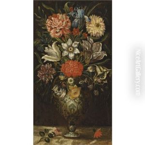 Still Life With A Bouquet Of Flowers In A Porcelain Vase by Ludger Tom Ring the Younger