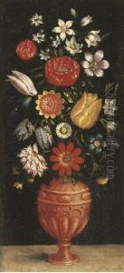 Tulips, Roses, Carnations And Other Flowers In A Vase On A Stone Ledge by Ludger Tom Ring the Younger