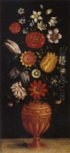Tulips. Roses, Carnations And Other Flowers In A Vase On A Stone Ledge by Ludger Tom Ring the Younger