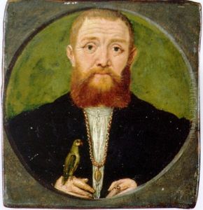 Portrait Of A Man In A Black Jacket And Gold Chain, A Parakeet Resting On His Hand