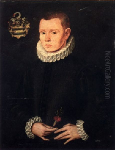 Portrait Of A Young Gentleman In A Black Slashed Doublet And Ruff, Holding A Flower - view 1