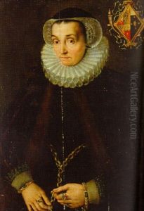 Portrait Of A Lady In A Black Dress With A White Colar And A Cap, Holding A Golden Waist Chain