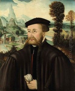 Portrait Of A Gentleman (of The Ratold Family?) In A Black Doublet, Hat And A Fur-lined Mantle, A Glove In His Left Hand, A Mountainous by Hermann Tom Ring