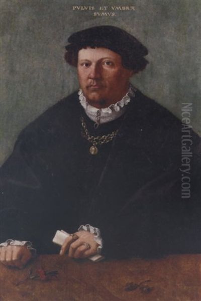 Portrait Of A Gentleman In A Black Costume And Fur-trimmed Coat, A Gold Chain With A Pendant Of Emperor Valentinian I, A Letter In His Left Hand, His Hands Resting Upon A Wooden Ledge - view 1