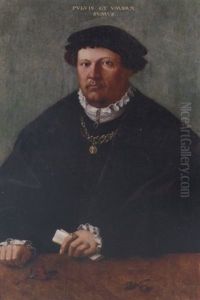 Portrait Of A Gentleman In A Black Costume And Fur-trimmed Coat, A Gold Chain With A Pendant Of Emperor Valentinian I, A Letter In His Left Hand, His Hands Resting Upon A Wooden Ledge by Hermann Tom Ring