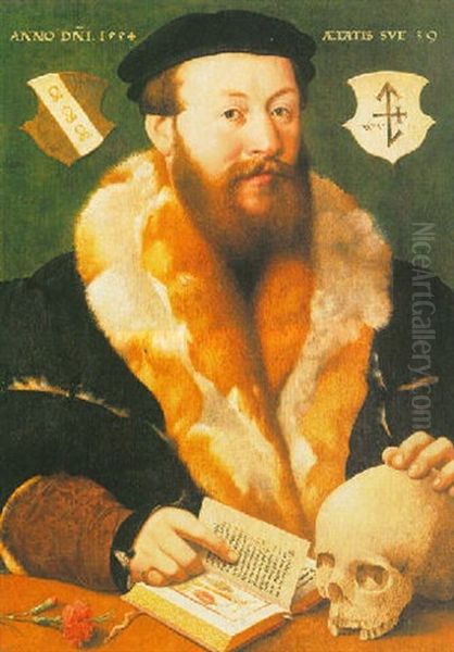 A Portrait Of A Bearded Man, Wearing A Fur-lined Black Coat And A Black Beret, With Vanitas Symbols On A Wooden Ledge - view 1