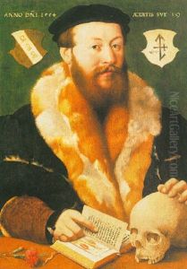 A Portrait Of A Bearded Man, Wearing A Fur-lined Black Coat And A Black Beret, With Vanitas Symbols On A Wooden Ledge