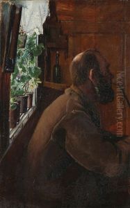 A Man Sitting By A Window Whilst Smoking A Pipe