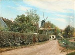 A Road Along A Hedge. In The Background A Mill. Late Summer