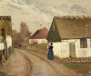 I Landsbyen. Tidligt Foraar. Paa Vejen En Pige Med Et Barn Pa Armen. I Baggrunden En Dreng Med En Maelkespand
