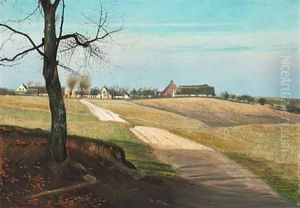Landscape With A Road To A Village, In The Foreground A Large Naked Tree Landscape With A Road To A Village, In The Foreground A Large Naked Tree