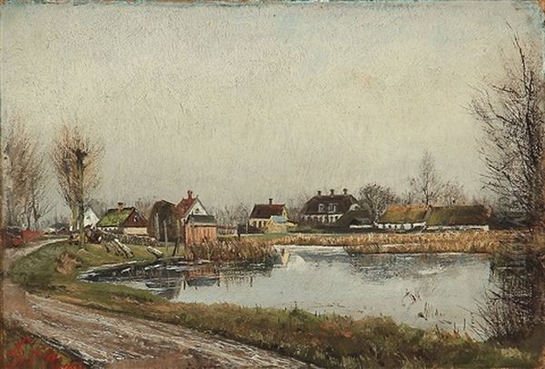 A Winter Day With Gray Skies, And The Houses Of The Village Reflected In The Pond - view 1