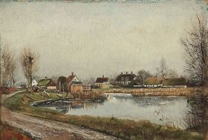 A Winter Day With Gray Skies, And The Houses Of The Village Reflected In The Pond