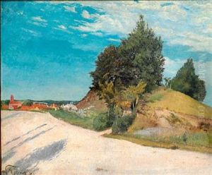 Stovet Landevej Ved En Bakke Med Popler. Nogle Rode Tage Og En Kirke I Baggrunden by Laurits Andersen Ring