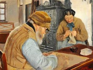 Smallholders In The Village Of Ring. Polske-niels (polish Niels) Is Making Paper Bags, While His Wife Is Knitting In Front Of Stove by Laurits Andersen Ring