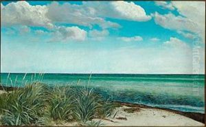 Greve Strand. Fralandsvind. I Forgrunden En Smal Strimmel Sandet Strand Med Marehalm Tilvenstre. Gront Og Blaat Vand