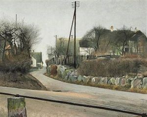 Gade. St. Jorgensbjerg. I Forgrunden En Jernstang Fastgjort Som Raekvaerk Paa Tilhuggede Granitstene. Paa Den Anden Side Af Vejen En Kampestenssaetning. Lysegraa Luft