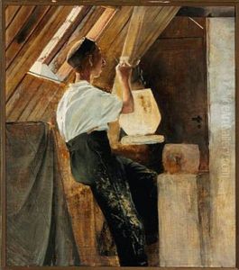 Tagkammerinterior Med En Pottemager Ved Sit Arbejde (a Potter At His Work In The Attic) by Laurits Andersen Ring