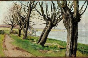 Landskab - Fem Bladlose, Gamle Piletraeer - Lys, Kold Blaa Luft (landscape With Old Willows) by Laurits Andersen Ring
