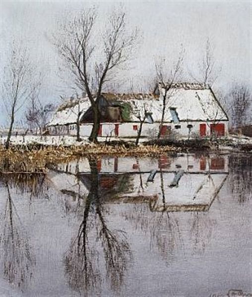 Martsdag Ved Gadekaeret I Baldersbronde - Huse Spejler Sig I Kaeret (a Day In March At The Village Pond In Baldersbronde. Houses Reflecting In The Pond) - view 1