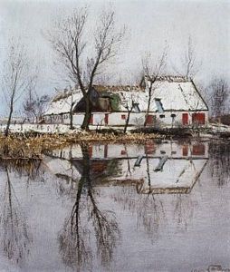 Martsdag Ved Gadekaeret I Baldersbronde - Huse Spejler Sig I Kaeret (a Day In March At The Village Pond In Baldersbronde. Houses Reflecting In The Pond)