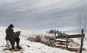 Vintermaleren - Snelandskab Med Maler Aage Bertelsen Siddende Ved Sit Arbejde (snow Landscape With The Painter Aage Bertelsen At His Work) by Laurits Andersen Ring