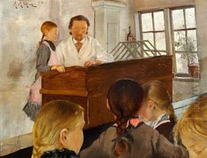 En Time I En Landsbyskole. En Pige Er Oppe Ved Katederet Ved Siden Af Laereren; Fire Andre Piger Paa Skolebaenken
