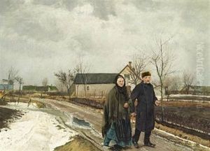 Vejen Gjennem Landsbyen. Naar Sneen Smelter. Paa Vejen Spadserer En Mand I Vinterfrakke Og Skindhue Sammen Med En Kone Med Graat Shawl Og Stribet, Sort Hovedtorklaede