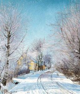 Rimfrost. Opkort Landevej Med Rimpudrede Traeer Paa Begge Sider. Tilvenstre Et Gult Hus by Laurits Andersen Ring