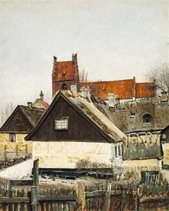 April. Straataekte Gamle Huse. Gulkalkede Med Sorte Gavle. I Forgrunden Et Traestakit. Bag Husene St. Jorgensbjerg Kirkes Rode Tag Og Taarn. Lyst Graavejr