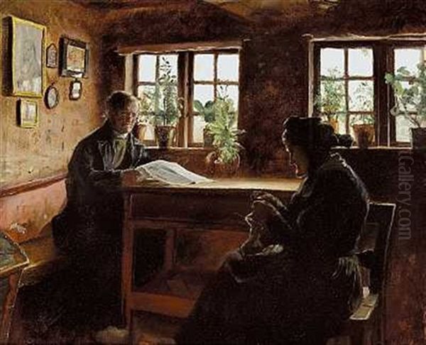 En Husmandsfamilie Fra Atterup Ved Faxe. Til V. I Baggrunden Manden, Set, Laesende En Avis. Til H. I Forgrunden Konen, Der Strikker - view 1