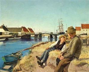 Sondag Formiddag Ved Karrebaeksminde Ladeplads Ved Broen Over Aaen. Sommer. I Baggrunden Skibe Ved Bolvaerket. I Forgrunden Jacob Larsen Og Hans Son Erik Siddende