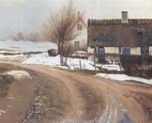 Vinterdag Med Bondehuse Og Piletraeer Ved En Landevej, Antagelig Baldersbronde by Laurits Andersen Ring
