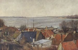 Udsigt Over Roskilde Fjord. I Forgrunden Rode Og Lyse, Graa Tage Samt En Gulgron Staerekasse Pa En Stang